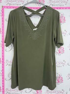Notations tshirt rhinestone Olive Green Crisscross V-Neck Top with Stud Detail